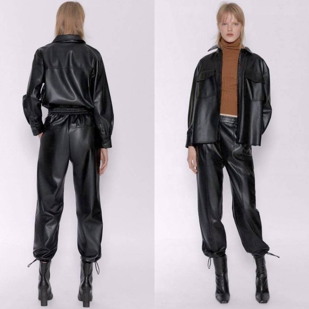 Zara FAUX LEATHER HIGH-WAIST SLOUCHY TROUSER PANTS Bottom Draw String BLACK NEW